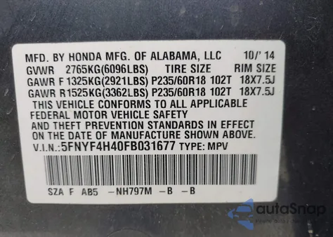 2015 Honda Pilot Ex from USA, damaged, VIN 5FNYF4H40FB031677